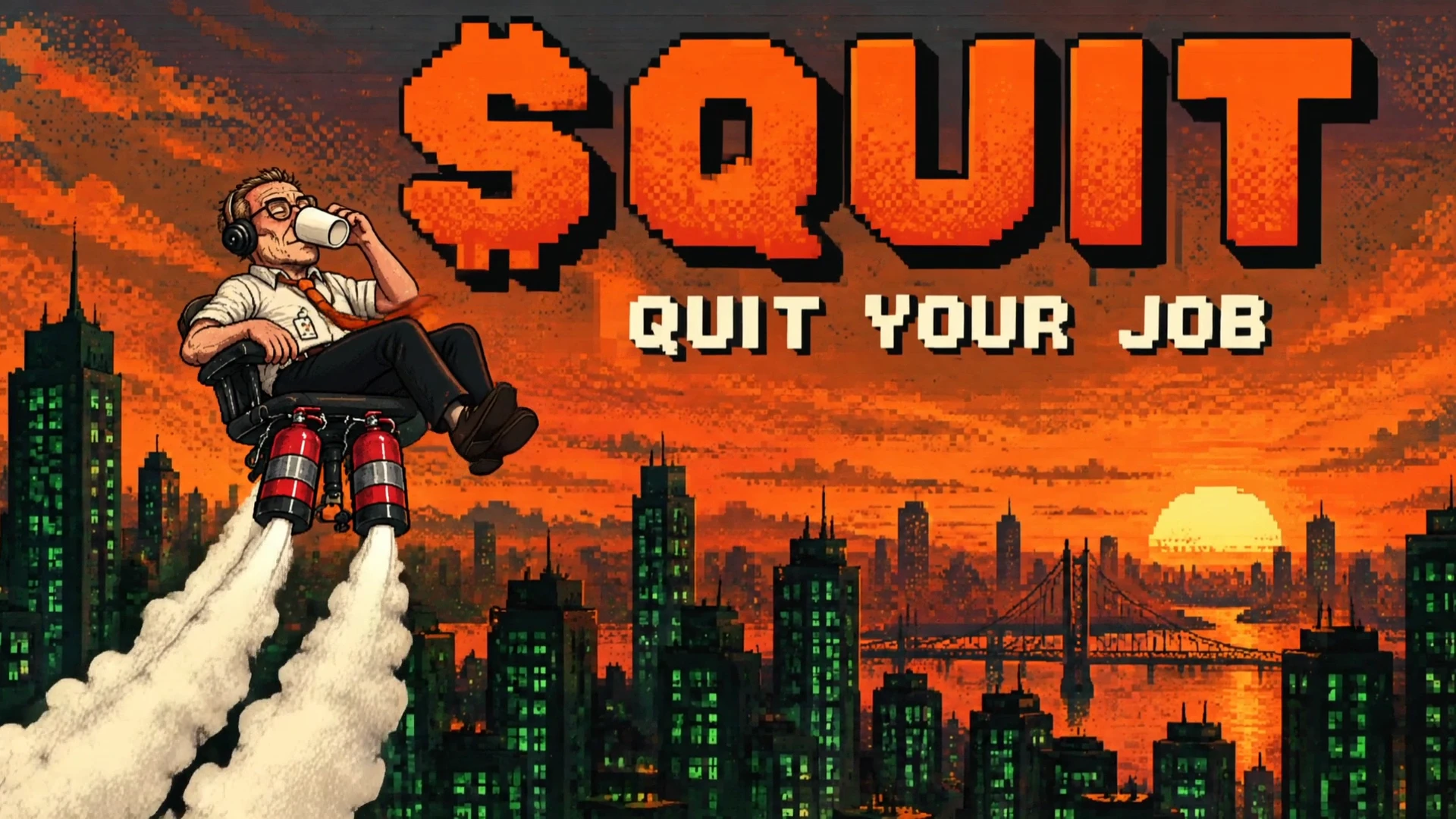 $QUIT, QUIT YOUR JOB, in orange pixel letters over a city at sunset, with Gary flying past on his office chair and two fire extinguishers.