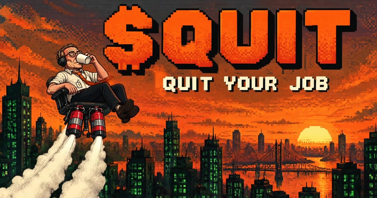 The $QUIT title in large orange pixel letters above QUIT YOUR JOB, with Gary flying past on his office chair and two fire extinguishers over a city at sunset.